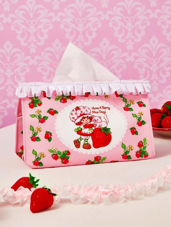 Strawberry Shortcake X SHEIN 1 capa para caixa de lenços de papel com estampa de desenho animado, tecido grosso, impressão de alta qualidade, design com detalhes florais, fofa e prática, pode conter vários papéis