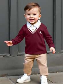 SHEIN Playful Pals 1pc Baby Boy Set, Children Knitted Comfortable Long Sleeve Polo 2 In 1 Sweatshirt, Fashionable And Stylish Toddler Chest Print Unique Design Top Paired With Khaki Casual Elastic Waist Pants, Loose Fit, Suitable For Autumn Occasions Like Vacation, Daily Wear, Etc. - Burgundy - View 5