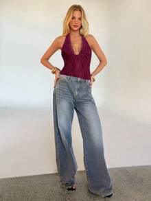 Aloruh Rotes modisches rückenfreies Neckholder-Camisole aus Spitze für Damen - Bordeaux - Übersicht 5