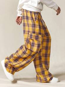 ROMWE MEN Prep Men's Plaid Pocket Casual Loose Drawstring Pants, Fall - Multicolor - View 4