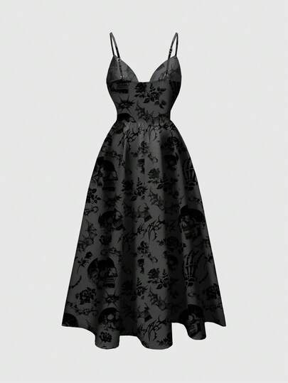 Goth Gothic Dark Thorn Black & Gray Skull Rose Floral All-Over Print Romantic Boho Sexy Spaghetti Strap Low-Cut Dress For Women