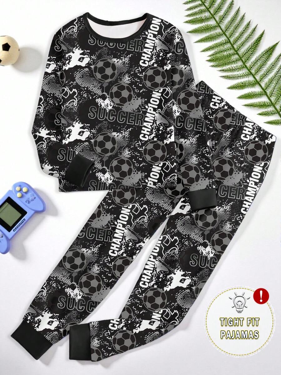 1set Teen Boys Snug Fit Pajamas, Black Football Graffiti Allover Print Long Sleeve Top And Pants, Spring/Autumn - Black - View 1