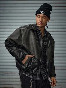 AXEPEAK Chaqueta casual con cremallera y parches de cuero sintético para hombre, para otoño e invierno - Negro - Ver 5