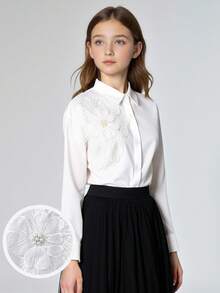 Ontre Tween Girls' Solid Color Floral 3D Collar Long Sleeve Blouse Fall Winter - White - View 3