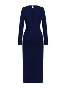 Ellevyn Váy dài dệt kim xếp ly trang trí kim loại không tay thanh lịch cho nữ - Màu xanh hải quân - Xem 4