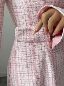 Rafferiza Autumn/Winter Pink Tweed Elastic Fitted Crew Neck Ruffle Trim Short Sleeve Sheath Dress - Pink - View 7