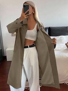 DAZY 女士休闲宽松格子拼接长袖翻领袖口街头风外套，秋冬女式外套 - 卡其色 - 查看 4