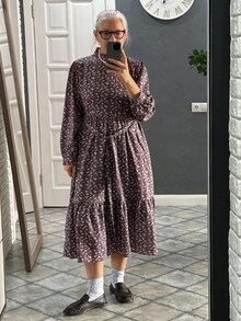 Vivie Lora Women's High Neck Cinched Waist A-Line Midi Dress - Brown - View 4