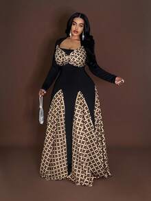 Maweii 大码女士性感拼接撞色长袖连衣裙，饰有各式打结设计，喇叭下摆，黑色，适合夏季度假 - 彩色 - 查看 4