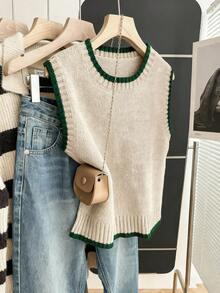 Franclia 女式休闲宽松圆领无袖针织撞色边卡其色毛衣上衣，春秋季