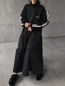 FRIFUL 女士字母印花条纹拉链长款休闲外套，秋季女装外套 - 黑色 - 查看 2