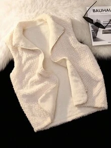 Qadelle Damen umkehrbarer flauschiger Lässig Alltags Pendler Mode Französisch elegant Straße Vintage vielseitig Urlaub Business Apricot ärmellose Jacke Normalgröße Oberbekleidung, Herbst/Winter - Aprikosenfarben - Übersicht 4