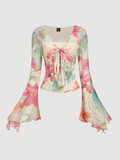 SHEIN MOD Women's Floral Print V-Neck Twist Front Flare Sleeve Fashionable T-Shirt,Autumn/Winter,Halloween,Goth,Thanksgiving,Christmas,New Year,Beach,Elegant,Floral Print,2 In 1.Elegant
