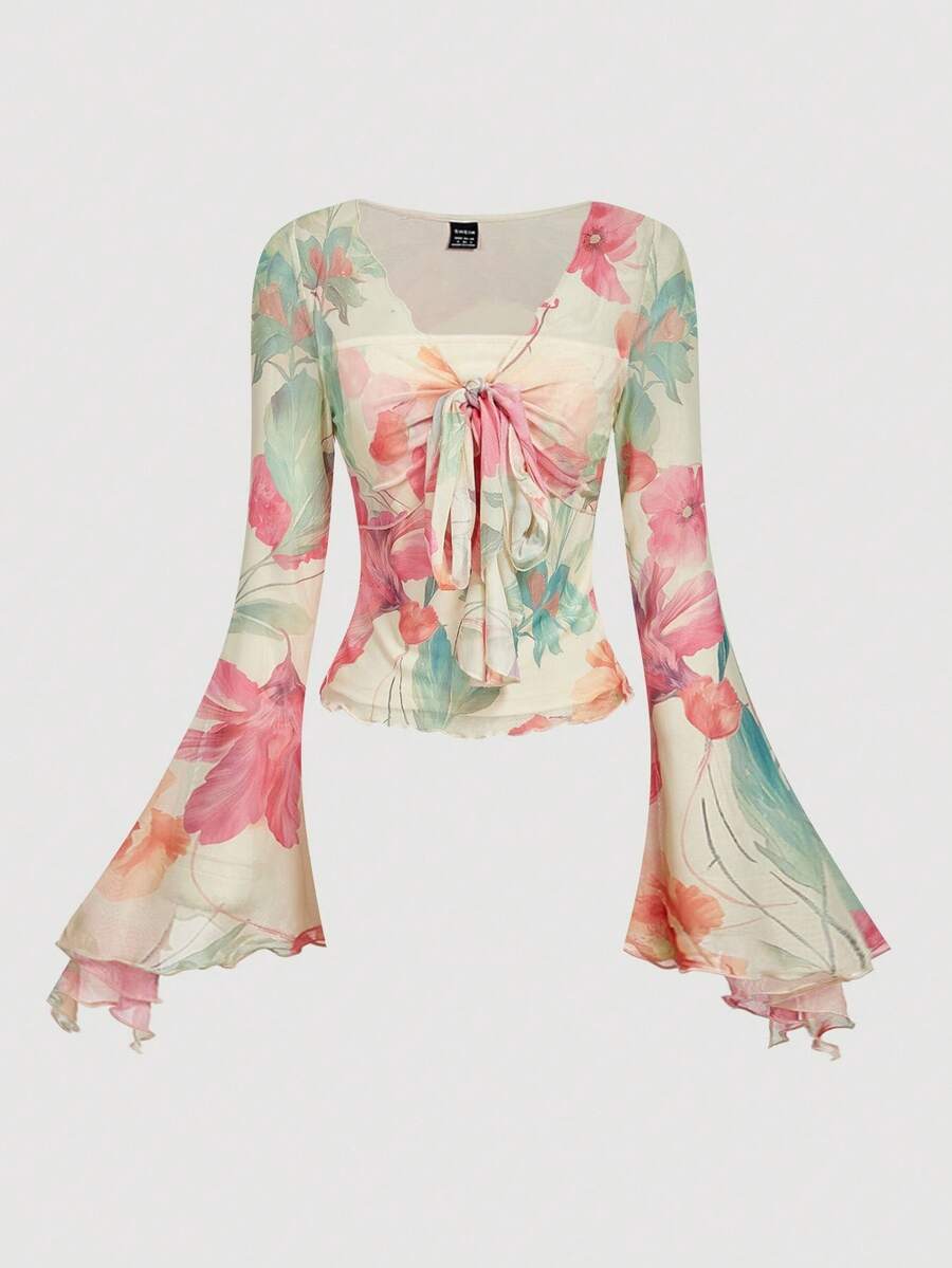 SHEIN MOD 女士印花V领扭结喇叭袖时尚T恤，适合秋冬季、万圣节、哥特风、感恩节、圣诞节、新年、海滩等场合，优雅百搭，印花图案，二合一设计。 - 彩色 - 查看 1