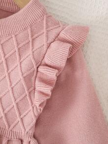 SHEIN Vintaside Kids 女婴针织长袖毛衣裙，适合秋冬季，粉色和浅粉色，百搭，优雅，荷叶边领，纹理，时尚，可爱，适合上学、日常穿着、居家、户外、旅行 - 粉色 - 查看 4