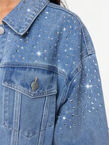 ROMWE Women's Casual Fashion Rhinestone Embellished Drop Shoulder Loose Cropped Denim Jacket, Spring/Autumn - Blue - View 5