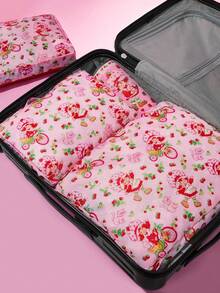 Strawberry Shortcake X SHEIN 3 Pcs Cute Strawberry Cartoon Polyester Fiber Travel Storage Bags, Mesh Surface, Categorized Storage, Suitable For Various Luggage Sizes,Gift Ideas - Pink - View 2