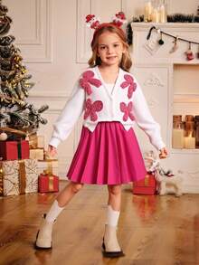 女童针织柔软毛绒开衫，饰有蝴蝶结和珍珠，搭配百褶裙套装，粉色，适合春秋冬季穿着的可爱女童装。 - 粉色 - 查看 1