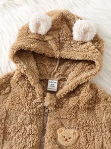 SHEIN 男婴可爱毛绒卡通图案连帽连体衣，秋冬季婴儿休闲拉链连体衣，小熊连帽连体衣，保暖连体衣 - 彩色 - 查看 5