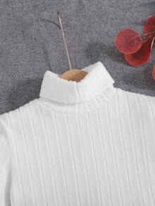 SHEIN Áo thun tay dài vải dệt kim cổ cao đơn giản cho bé gái, thích hợp cho mùa thu đông - trắng - Xem 5