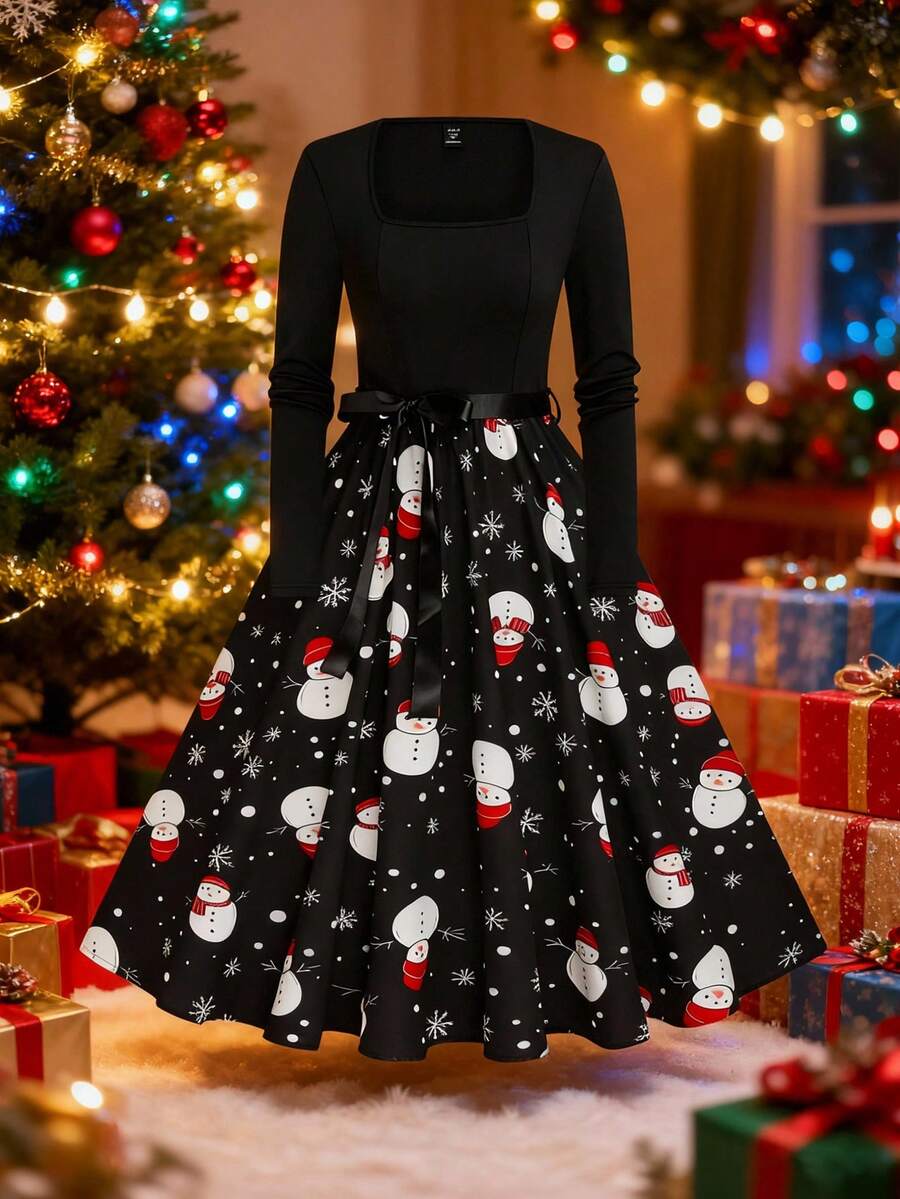 EMERY ROSE Große Größen Festliches Party Kleid mit quadratischem Ausschnitt, Langarm, geraffter Taille und Schneemann Muster für Damen - Schwarz - Übersicht 1