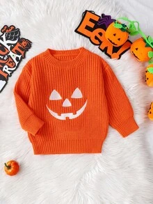 Young Boys Embroidered Devil Graphic Crew Neck Knit Long Sleeve Sweater, Versatile For Casual Wear, Holidays, Autumn/Winter