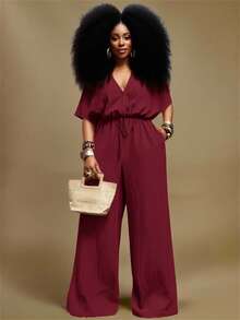 Veslaya 2025 Autumn & Winter New Arrivals, Women's Fall/Halloween/Winter Clothes, Plus Size, Music Festival/Halloween Outfits, Easter, Western, Boho, Birthday Party, Graduation, Student, Casual, Vacation, Cruise, Beach, Sunbathing, Fashionable, Women White Textured Loose Waist Wide Leg Jumpsuit, Plus Size - Burgundy - View 13