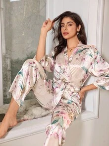 LuxeNights 女士新款优雅奢华七分袖短款睡袍和裤子睡衣套装，秋冬秋季服装 - 彩色 - 查看 7