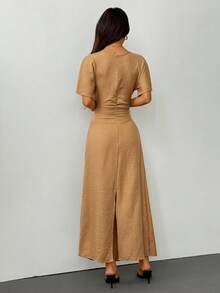 SHEIN PETITE Váy vải lanh pha trộn màu trơn thanh lịch dành cho nữ mùa hè, - Màu Khaki - Xem 3