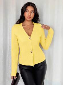 SHEIN ChicEase Women's Slim Fit Khaki Minimalist Daily Wear Deep V-Neck Asymmetric Metal Button Cardigan - Yellow - View 3
