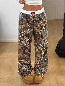 Coolane 女式树枝图案阔腿休闲裤 - 軍綠色 - 查看 6