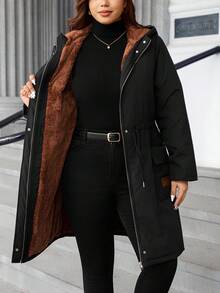 Easura Fashionable Casual Retro Elegant Comfortable Contrast Color Patchwork Waist Cinched Padded Coat - Black - View 8