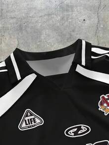 AXEPEAK 男士字母条纹短袖休闲通勤Polo衫 - 黑色 - 查看 5