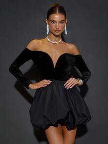 SHEIN BAE Elegantes Minikleid mit Samt-Oberteil und Blumen-Saum, Langarm, geeignet für lässige Dates, Nachtclub-Partys, Cocktail-Partys, romantische Dates, Herbst-/Winterschichten, Zusammenkünfte, Halloween, Weihnachten