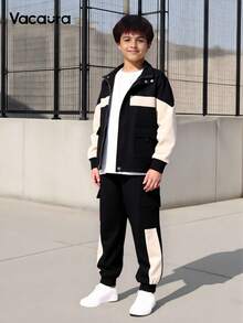 Tween Boy Contrast Color Zipper Collar Utility Pocket Jacket And Pants Casual Loose Suit, Autumn Fall Winter