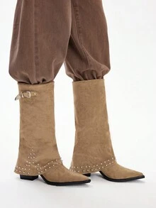 Styleloop Botas occidentales de tacón alto grueso y con tachuelas de estilo vintage para mujer, adecuadas para Halloween, Navidad, fiestas y uso diario