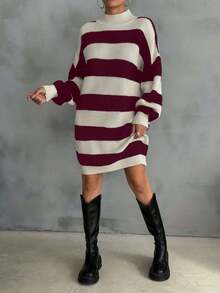 EURMUSE Women Drop Shoulder Sweater Dress With Striped Pattern - Burgundy - View 7