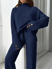 EURMUSE Mock Neck Knitted Pullover Hunky Knit Tunic Sweater Set - Navy Blue - View 8
