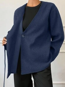 FRIFUL 女士休闲纯色系带裹身外套，秋冬藏蓝色开衫系带开衫藏蓝色毛衣曲线开衫日系女装外套 - 藏蓝色 - 查看 3