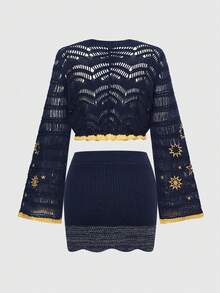 ROMWE Bộ 2 món áo khoác cardigan họa tiết ngôi sao và mặt trăng cổ điển Hippie và chân váy ngắn màu tương phản - Màu xanh lam - Xem 2