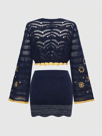 Hippie Vintage Hippie Star & Moon Pattern Contrast Color Cardigan & Mini Skirt 2 Pieces Set