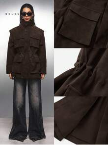 LYSMO Women's Casual Loose Fit Multi-Pocket Brown Jacket, Punk Style, Adjustable Waist Detail, A-Line Silhouette, Unisex Design, Autumn,Fall,Fall Clothes For Women - Brown - View 1