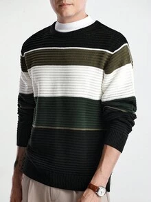 Manfinity CityGents Men's Striped Crew Neck Long Sleeve Casual Pullover Sweater, Autumn/Winter