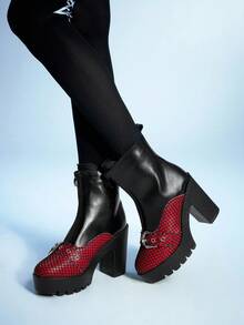 Sugerpunk Botas de plataforma de tacón grueso y puntera redonda de estilo gótico para mujer, en patchwork y PU, botas negras de tacón alto adecuadas para fiesta, uso diario, vestido de noche, que aumentan la altura y alargan las piernas - Negro - Ver 2