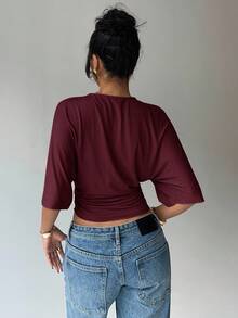 Aloruh Women's Casual Fashion Street Chic Solid Color Bat Sleeve Pleated Fitted Cropped T-Shirt, Summer,Red Top - Burgundy - View 2