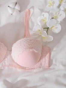 DelicateAllure 1pc Pink & White Push-Up Balconette Underwired Molded 1/2 Cup Strapless Floral Lace Bra, Suitable For Vacation, Party, Plus Size, Wireless Lingerie Bra, Intimate, Party, Date, Innocent, Sexy, Cute, Kawaii, Lift - Pink - View 3