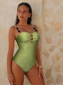 Swim Chiccia 1pc Women Elegant Solid Color One-Piece Swimsuit For Summer Beach Vacation - Green - View 3