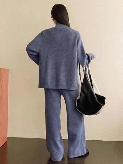 Dazy-Less 女式纯色简约休闲拉链长袖毛衣和裤子两件套