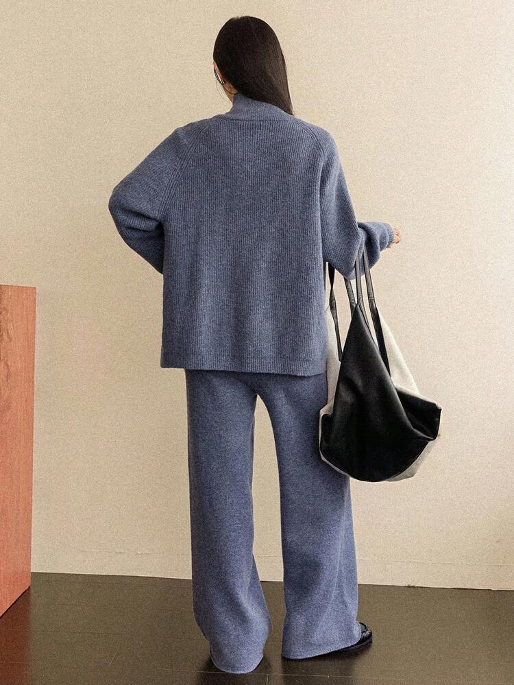 Women's Solid Color Minimalist Casual Zip-Up Long Sleeve Sweater And Pants 2-Piece Set