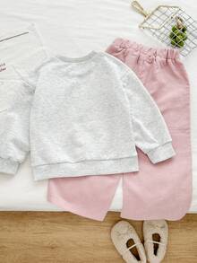 Genkimix Kids Genkimix Young Girl Girls Light Gray Sweatshirt And Pink Corduroy Loose Pants 2-Piece Set, Rabbit Print Design, Cute And Fun Style, Sweetly Casual And Comfortable, Soft Fabric, Suitable For Autumn, Winter, Spring, Suitable For Outings, School, And Casual Daily Wear - Light Grey - View 2